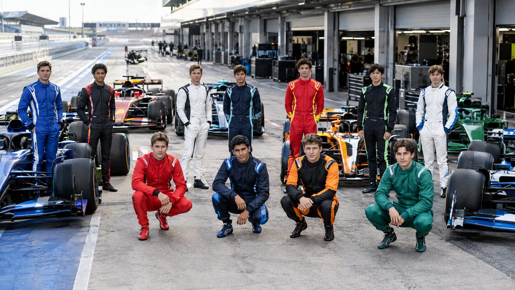 Sejumlah pembalap berdiri berjajar di pit lane bersama mobil balap Formula 1.