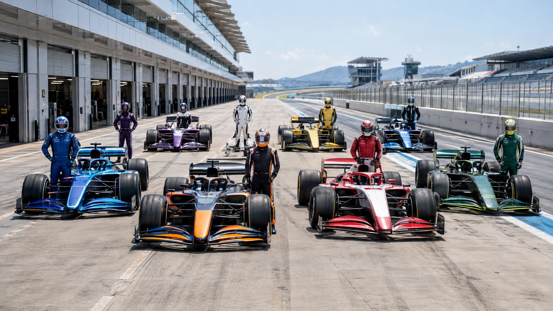 Sejumlah mobil balap Formula 1 berjejer di pit lane dengan para pembalap berdiri di dekatnya.