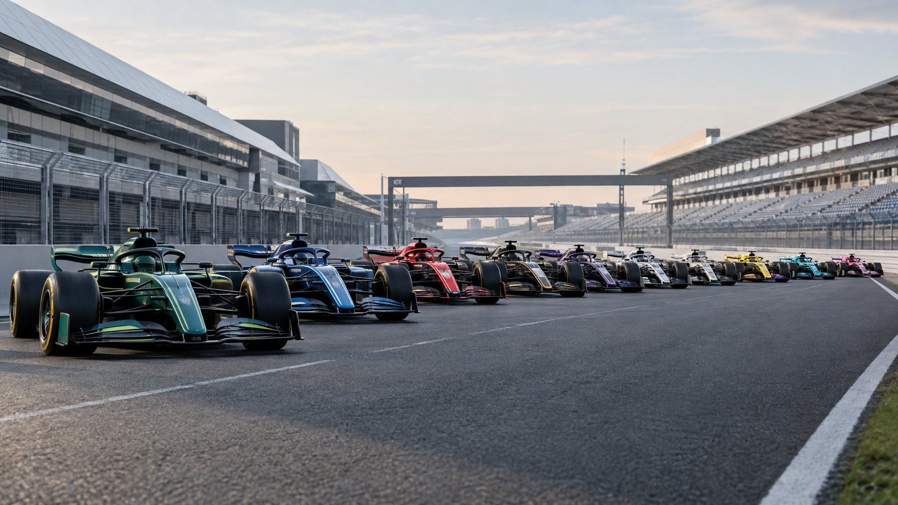 Sembilan mobil balap Formula 1 berbaris di lintasan sirkuit.