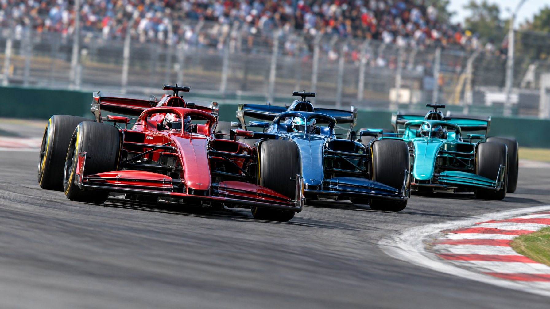 Tiga mobil balap Formula 1 melaju berdampingan di tikungan sirkuit.