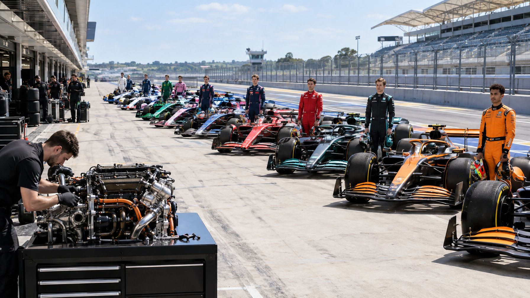Deretan mobil Formula 1 dengan para pembalap dan kru di area pit sirkuit.