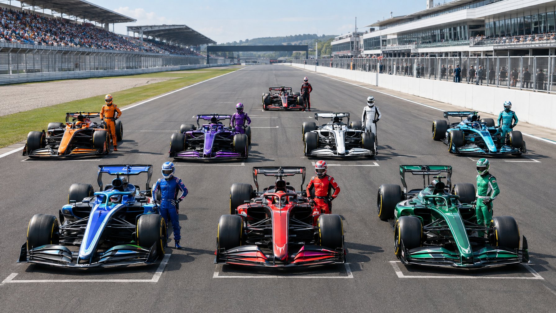 Sebelas mobil balap Formula 1 dan para pembalap berbaris di lintasan sirkuit.