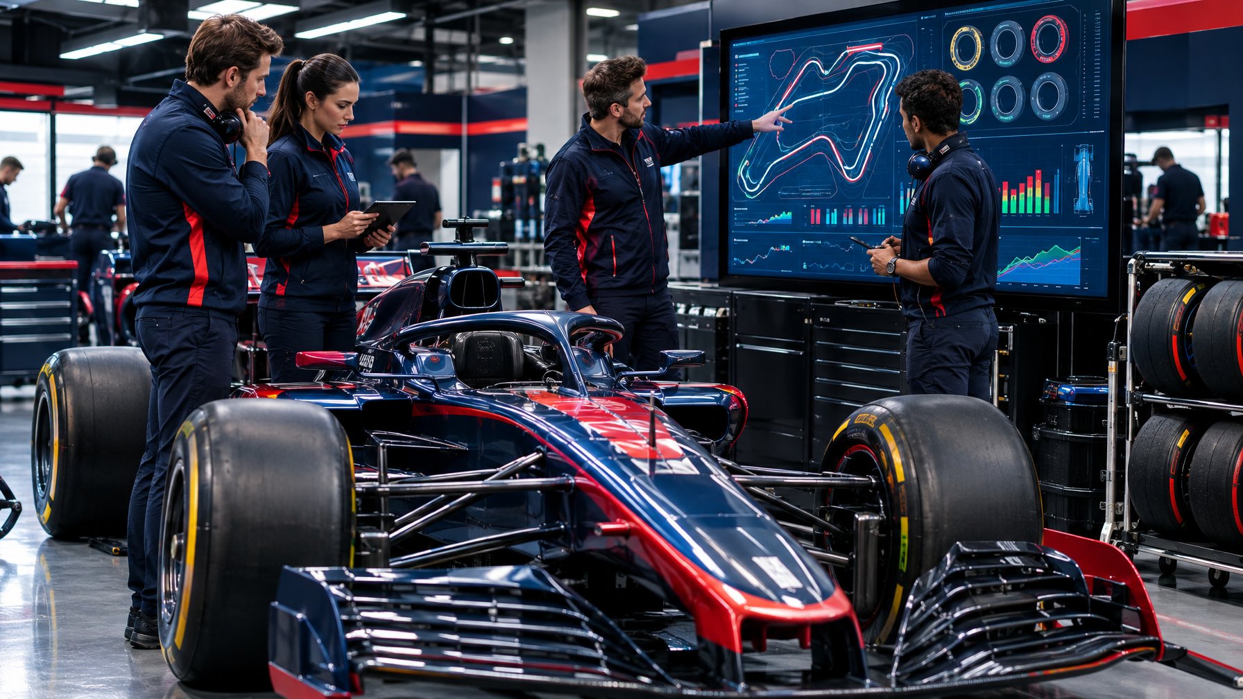 Para insinyur dan ahli strategi berdiskusi di garasi balap di sekitar mobil Formula 1.