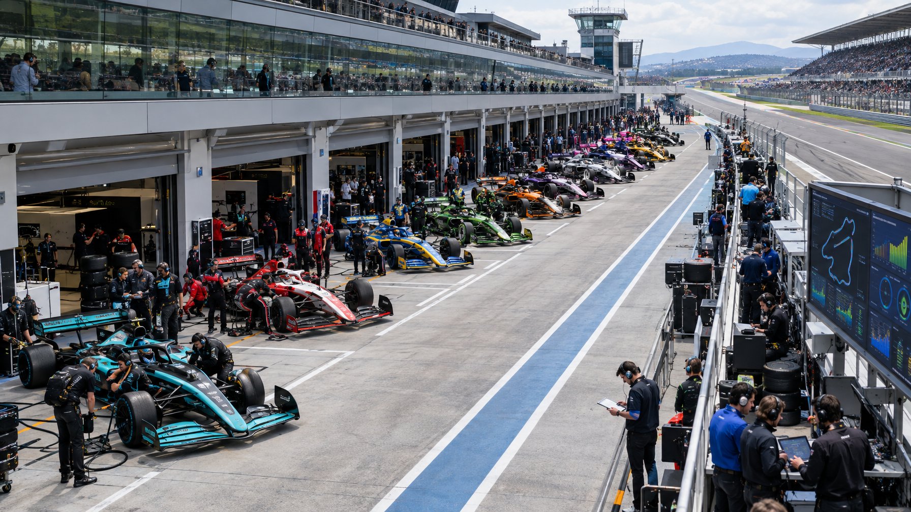 Sebelas mobil balap Formula 1 berjejer di pit lane sementara para kru bersiap menghadapi musim baru.