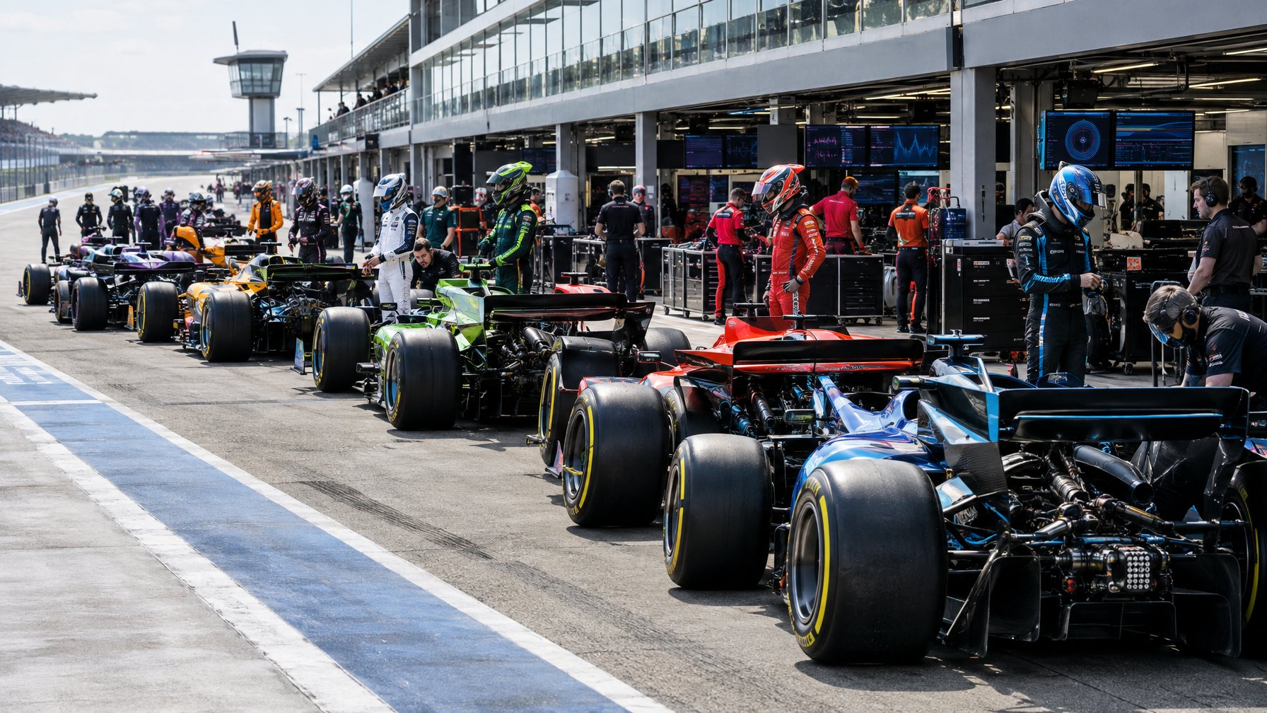 Para pembalap dan insinyur berdiri di samping deretan mobil Formula 1 di area pit.