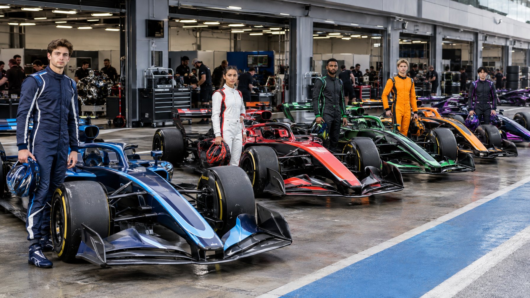 Sejumlah pembalap berdiri di samping mobil Formula 1 di area pit.