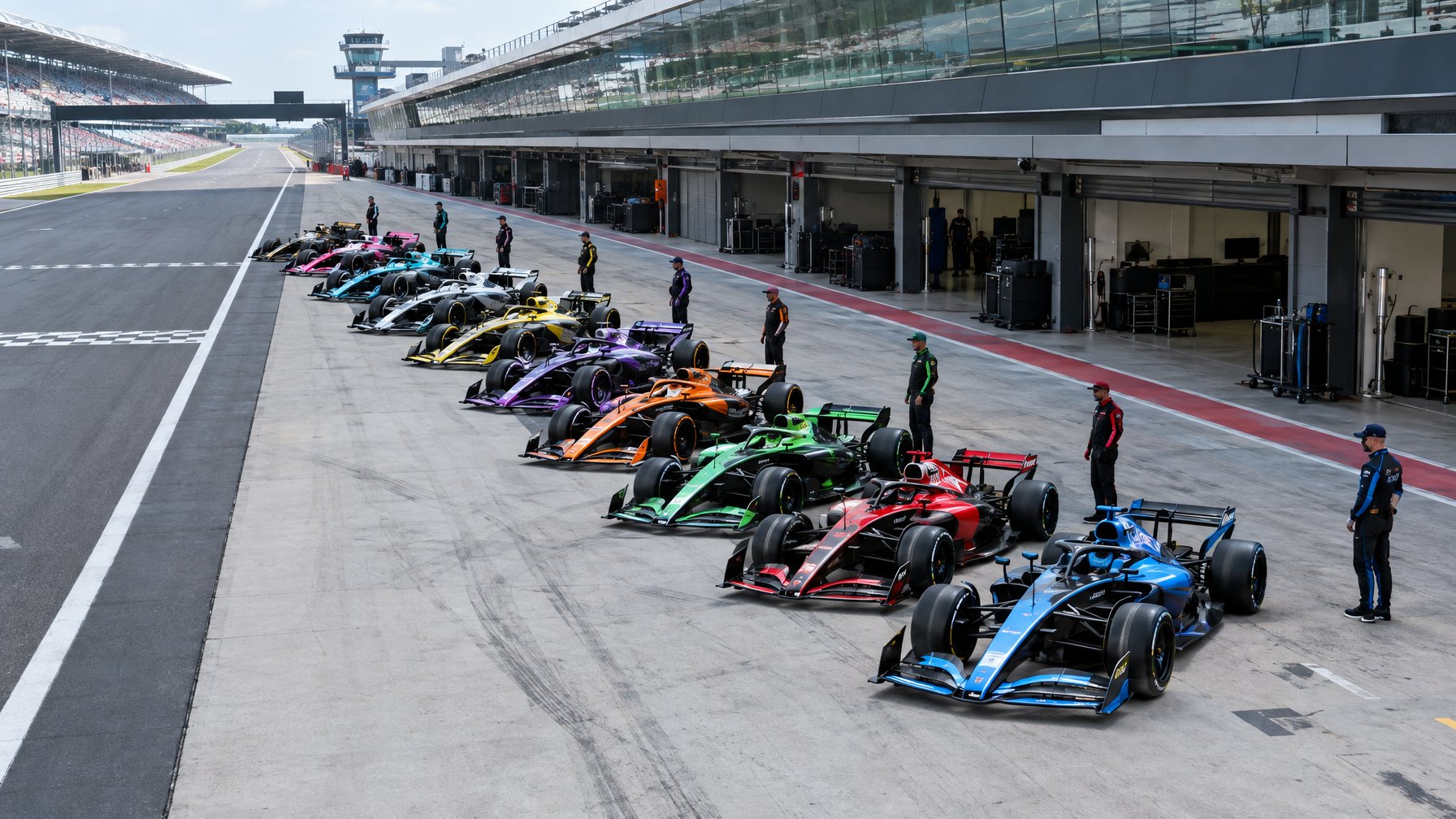 Sepuluh mobil balap Formula 1 berwarna-warni berjajar di lintasan pit dengan kru berdiri di dekatnya.