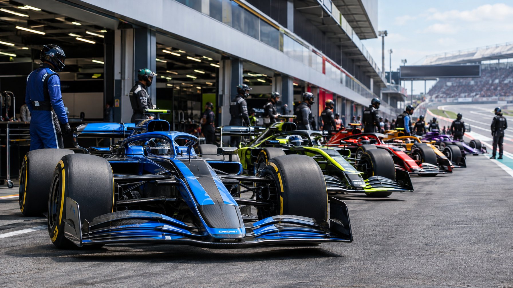 Sejumlah mobil balap Formula 1 berjajar di pit lane bersama para anggota tim.