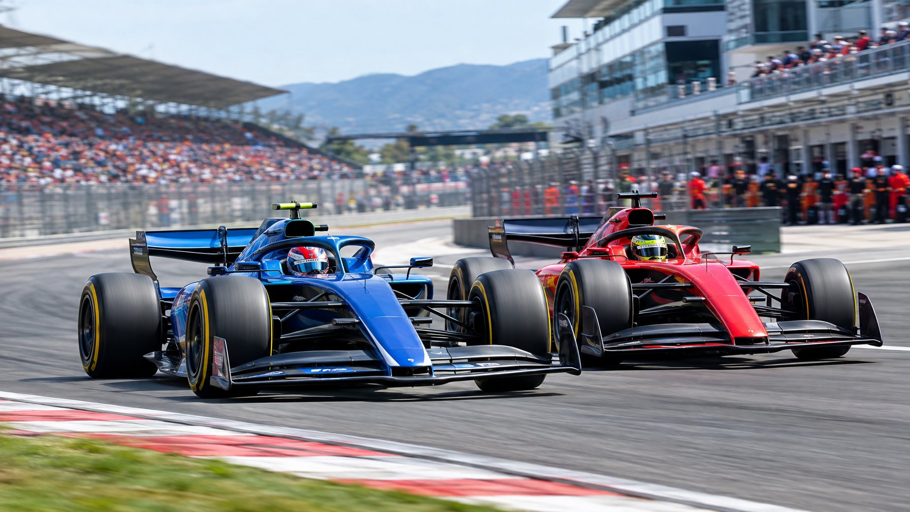 Dua mobil balap Formula 1 melaju berdampingan di tikungan sirkuit dengan penonton di tribun.