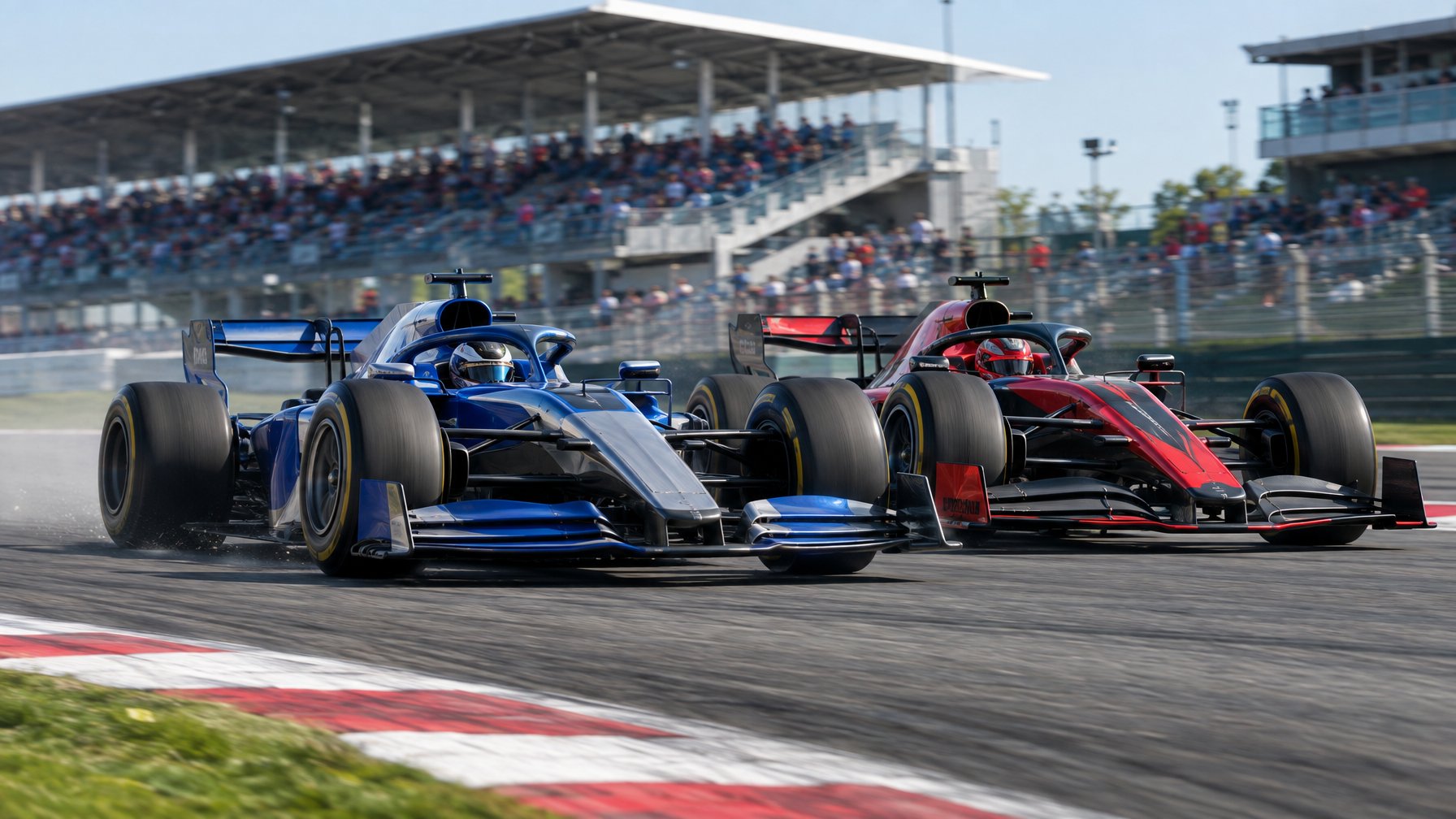 Dua mobil balap Formula 1 melaju berdampingan di tikungan sirkuit.