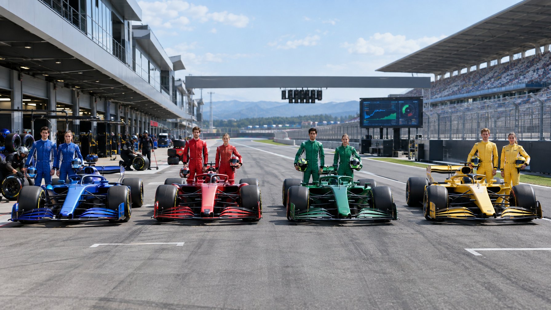 Beberapa mobil balap Formula 1 dan pembalap berjejer di area pit sirkuit.