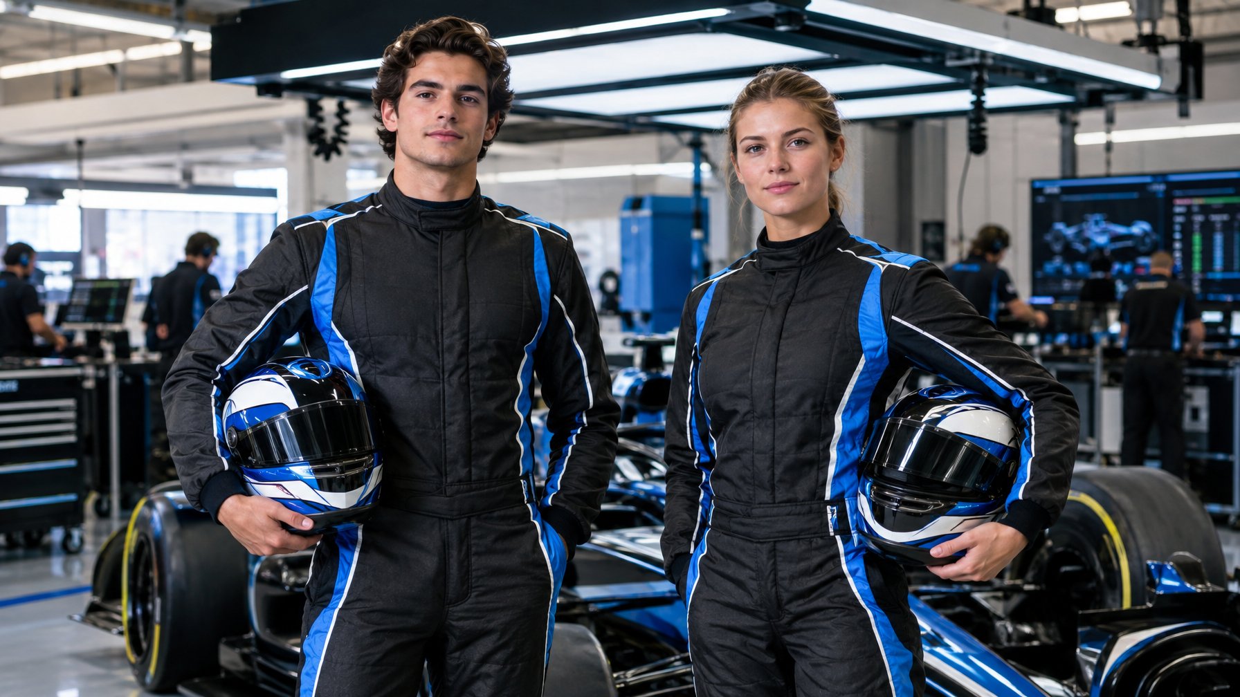Dua pembalap Formula 1 berdiri berdampingan di garasi tim dengan mobil balap di belakang mereka.