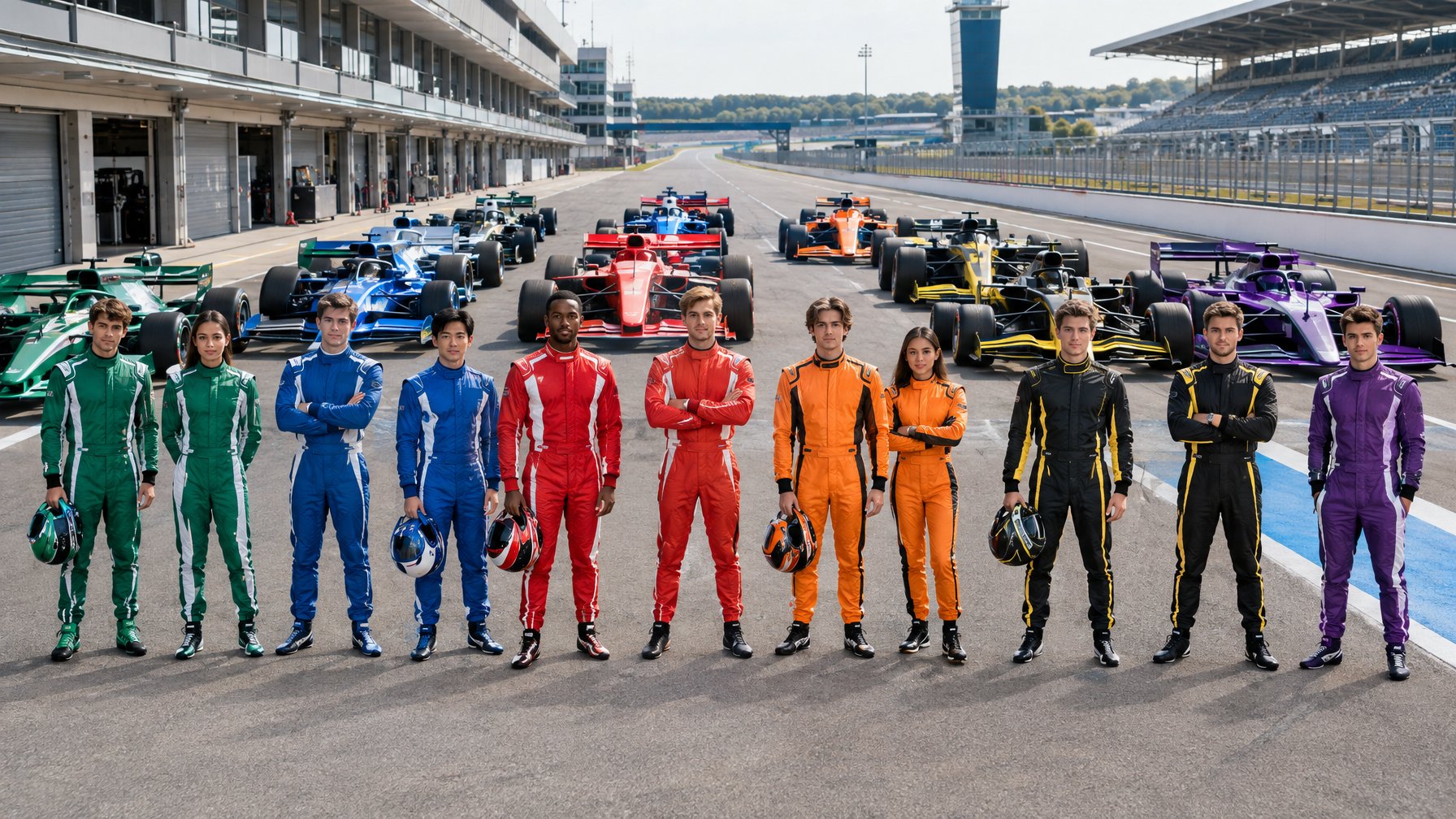 Para pembalap berdiri bersama mobil Formula 1 berwarna-warni di pit lane.