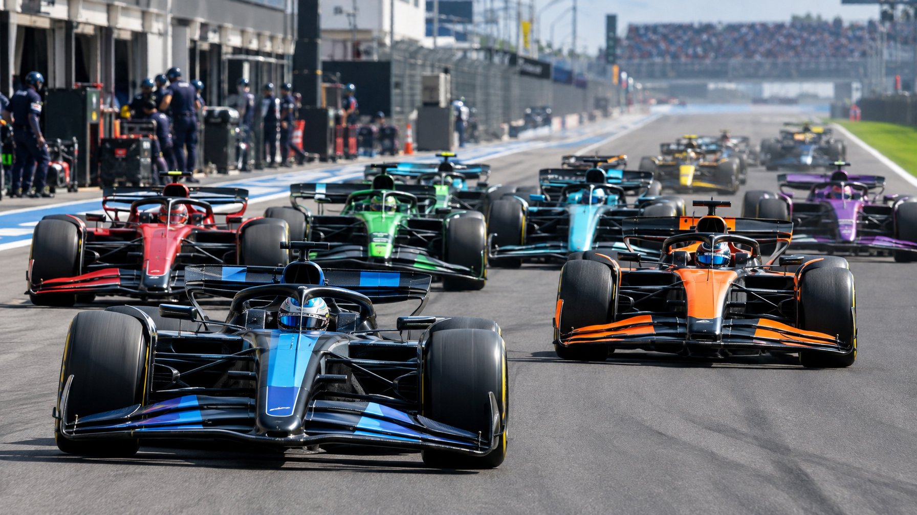 Mobil-mobil Formula 1 dengan para pembalapnya melaju bersama di lintasan balap.