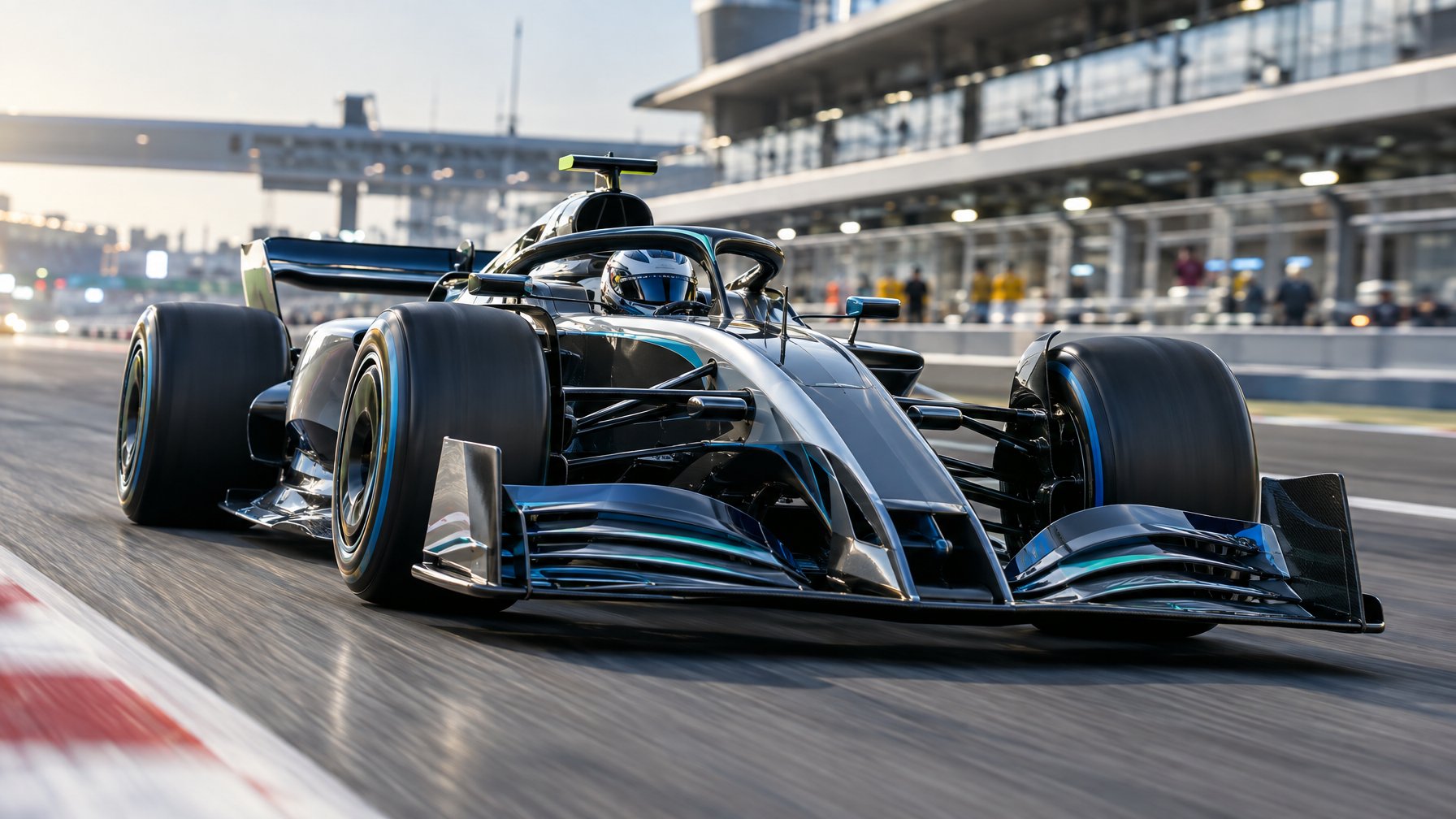 Mobil balap Formula 1 melaju di sirkuit modern.