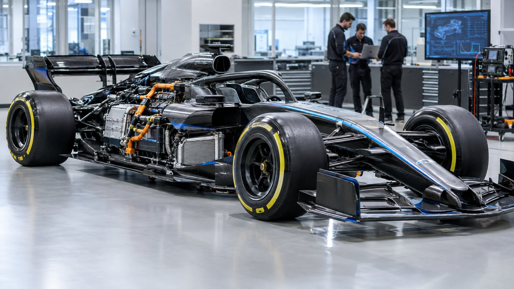 Mobil balap Formula 1 modern berada di fasilitas pengembangan, sementara para insinyur memeriksa sistem energinya.
