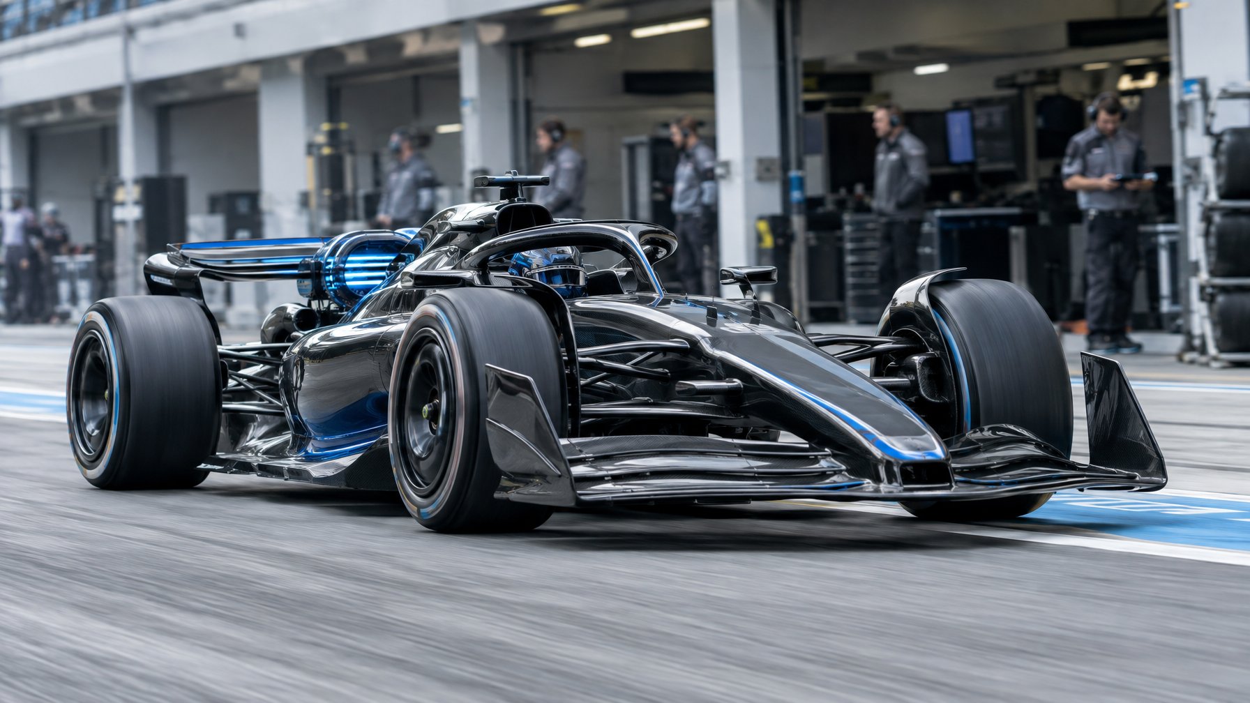 Mobil balap Formula 1 modern melaju di depan garasi sirkuit dengan para teknisi di latar belakang.