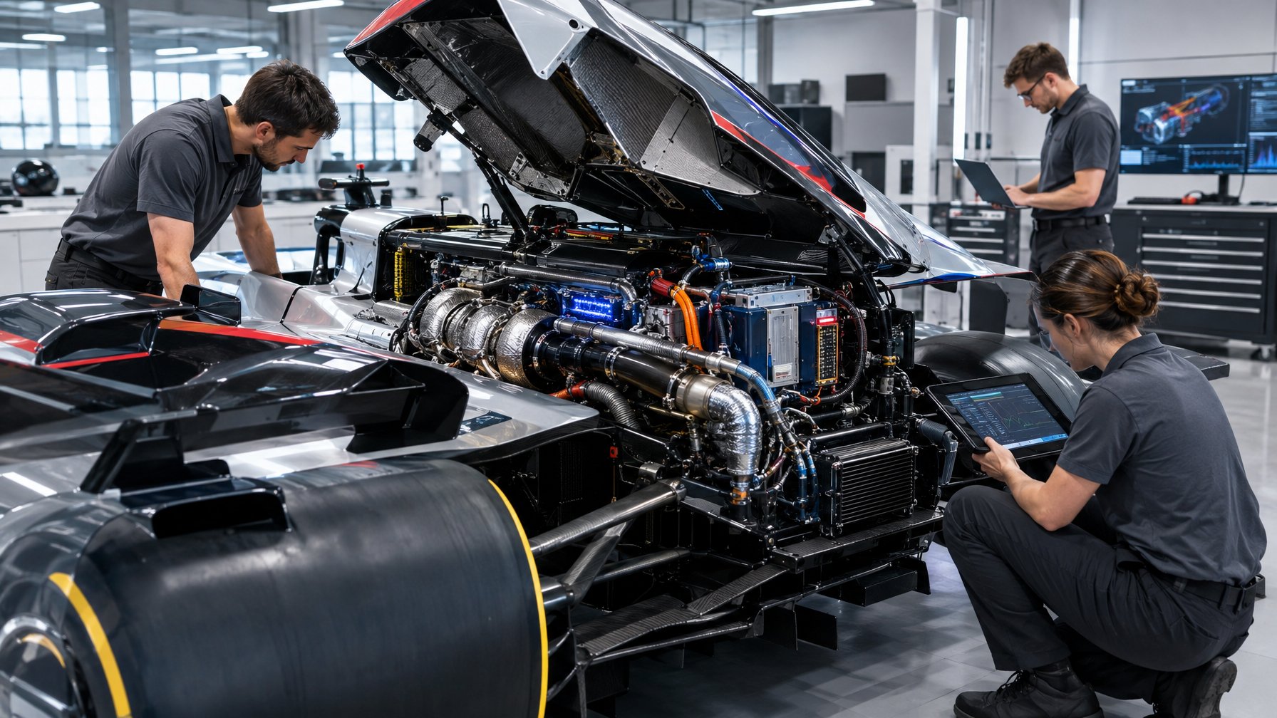 Para insinyur memeriksa power unit hibrida pada mobil Formula 1 di dalam garasi.