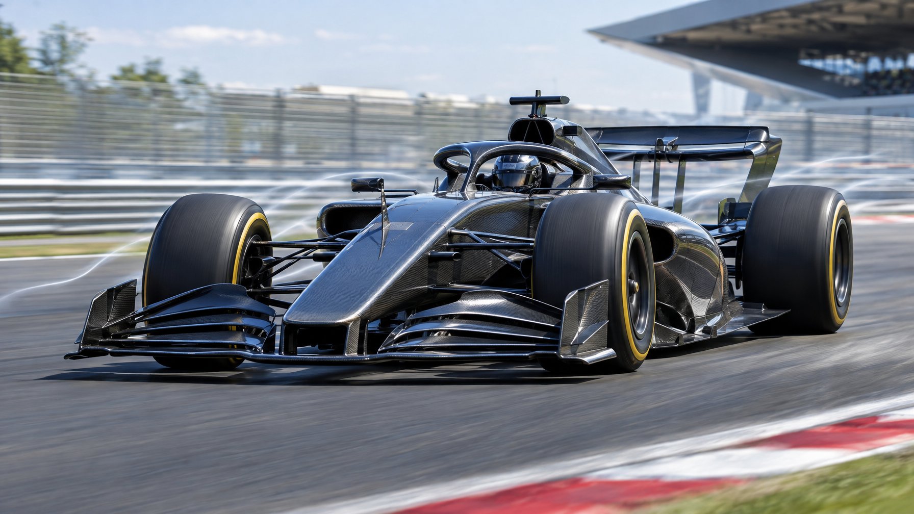 Mobil balap Formula 1 melaju di sirkuit dengan sayap aerodinamis yang dirancang untuk meningkatkan kecepatan dan efisiensi.