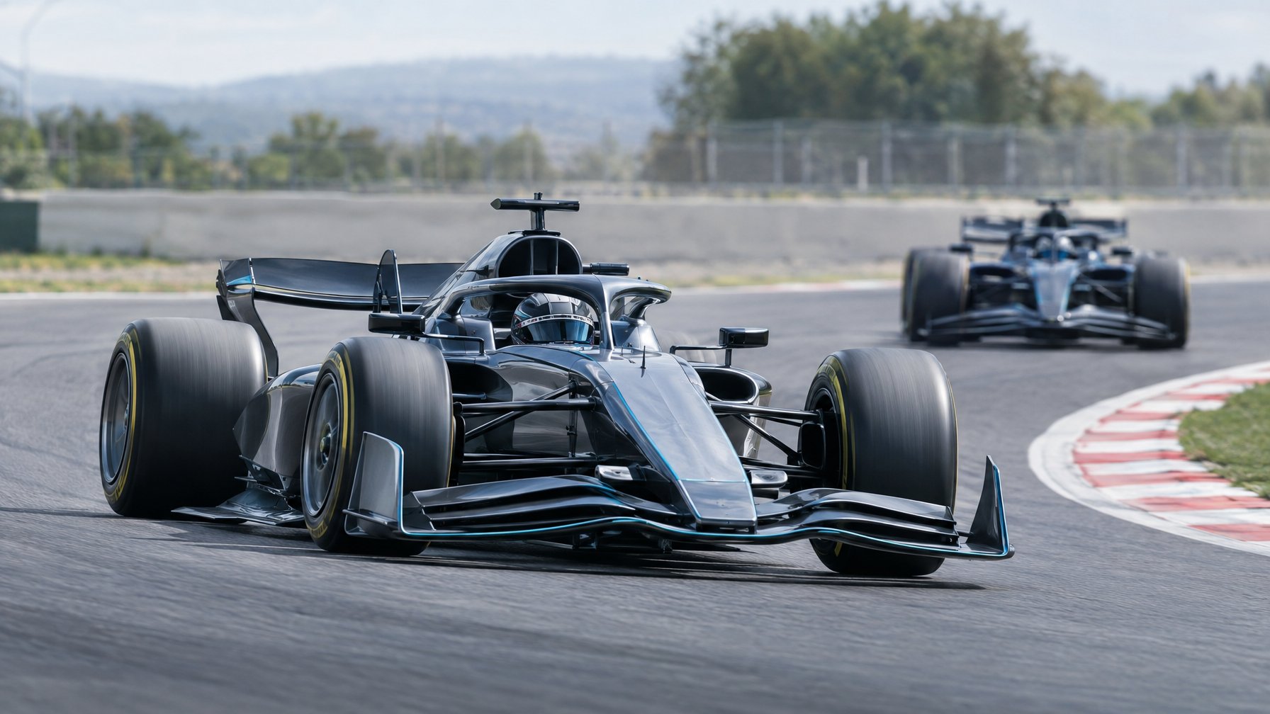 Mobil balap Formula 1 melaju di tikungan sirkuit, diikuti mobil lain.