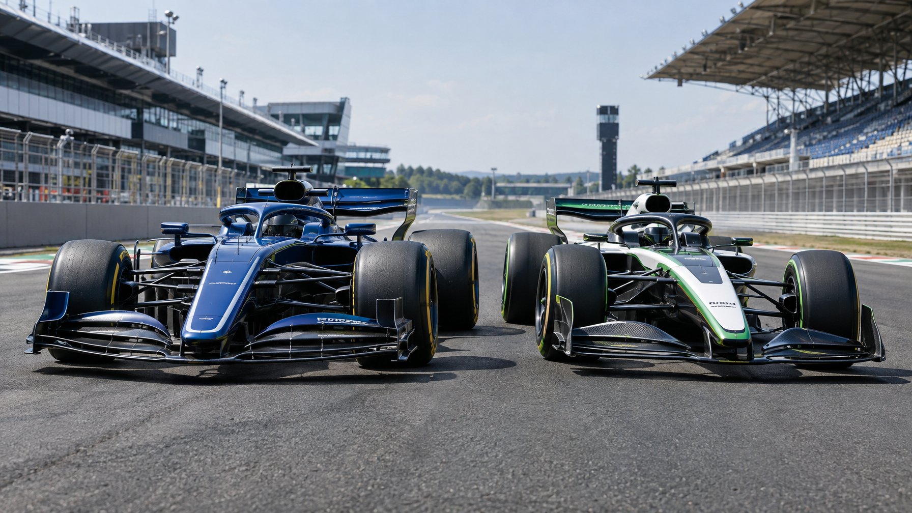 Dua mobil Formula 1 dari generasi berbeda berada berdampingan di lintasan balap.
