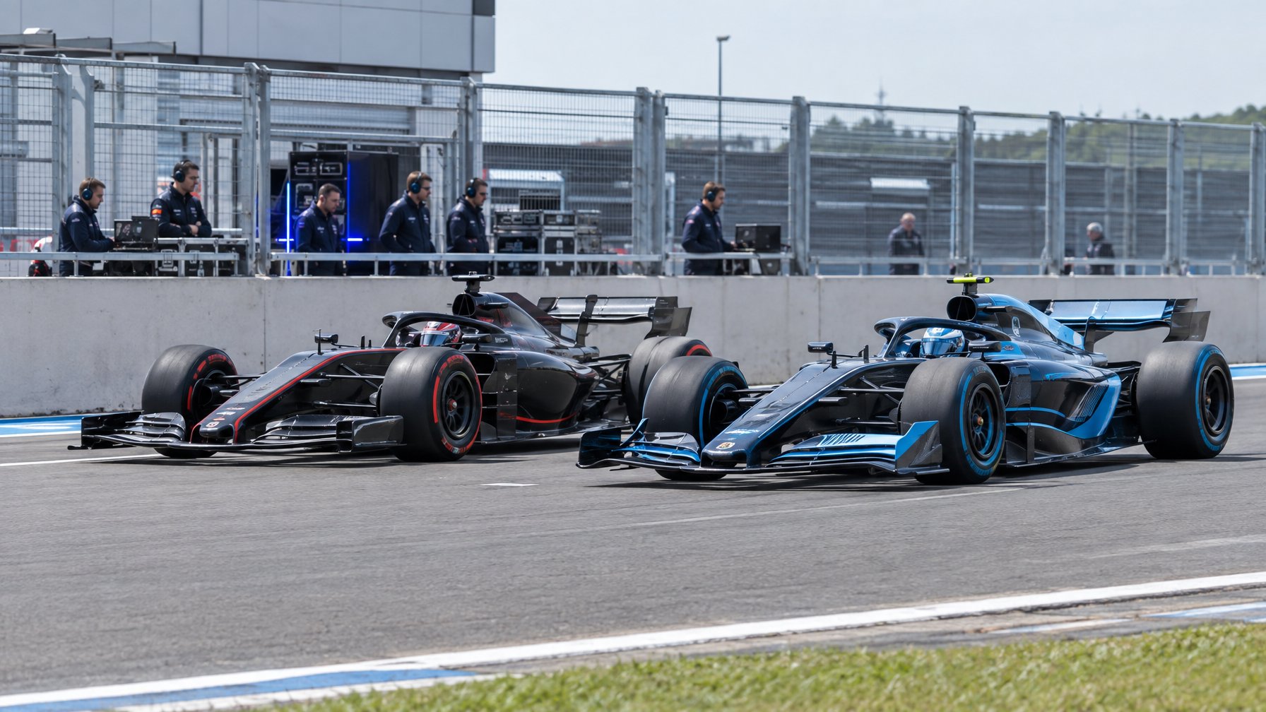 Dua mobil Formula 1 diuji di lintasan dengan para teknisi mengamati dari tepi sirkuit.