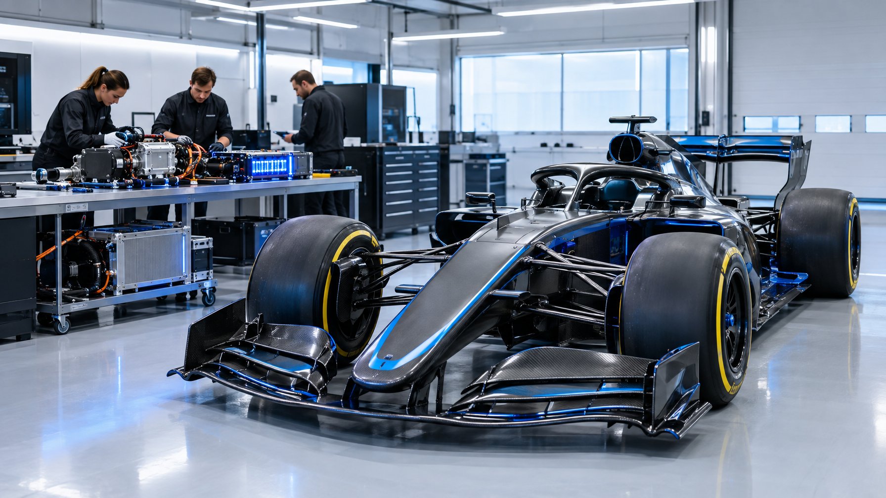 Mobil balap Formula 1 berada di garasi, sementara para teknisi memeriksa sistem tenaga hibrida.