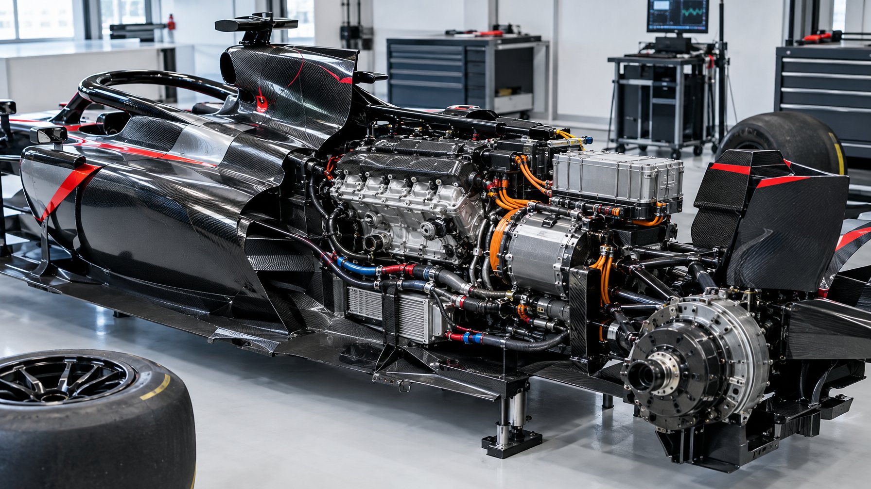 Mobil balap Formula 1 di bengkel dengan unit daya hibrida dan komponen listrik yang terlihat.