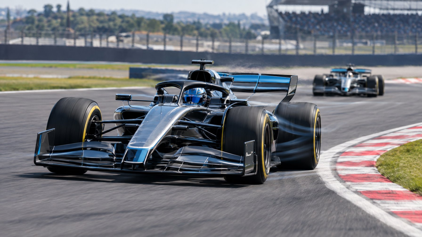 Mobil Formula 1 modern melaju di tikungan sirkuit, diikuti mobil lain.