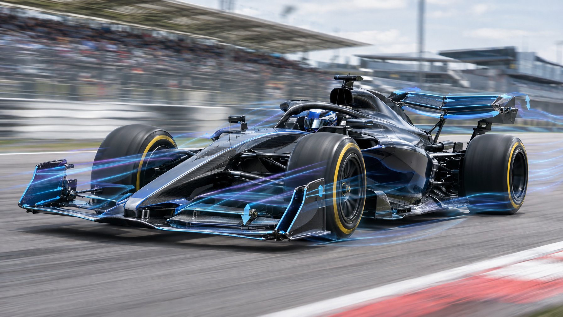 Mobil Formula 1 melaju di lintasan dengan sayap depan dan belakang yang dapat menyesuaikan posisi.