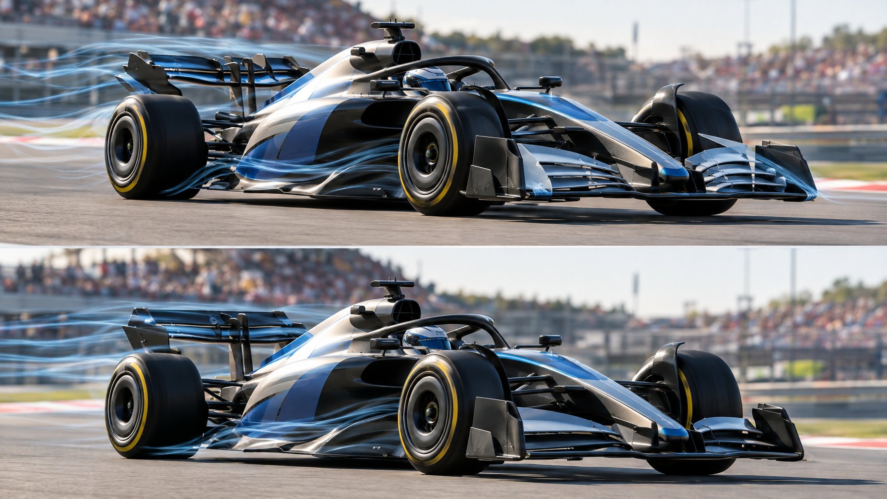 Mobil Formula 1 melaju di lintasan dengan sayap depan dan belakang yang dapat berubah posisi.