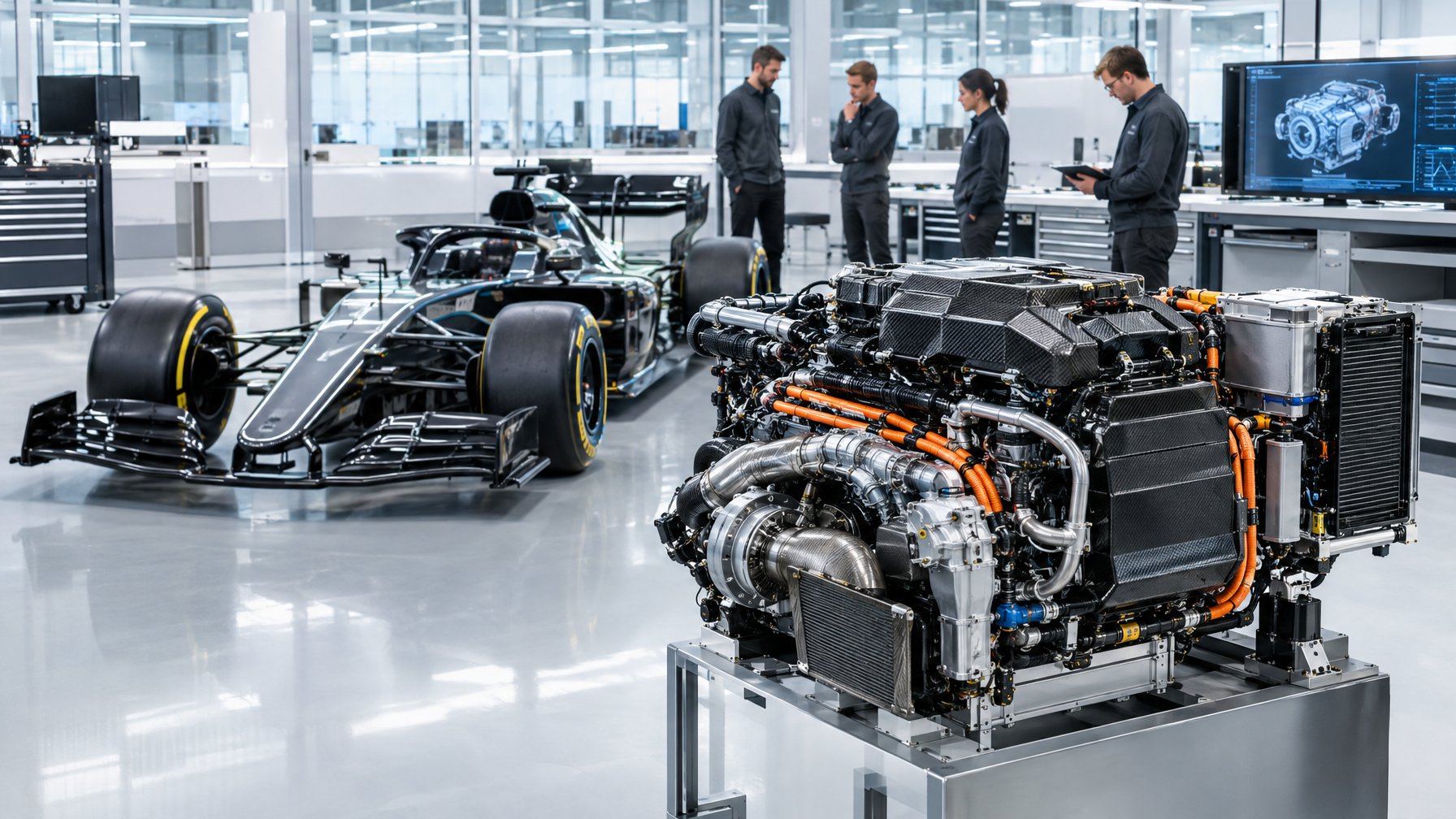 Mobil Formula 1 dan mesin hybrid dipamerkan di laboratorium teknik modern.