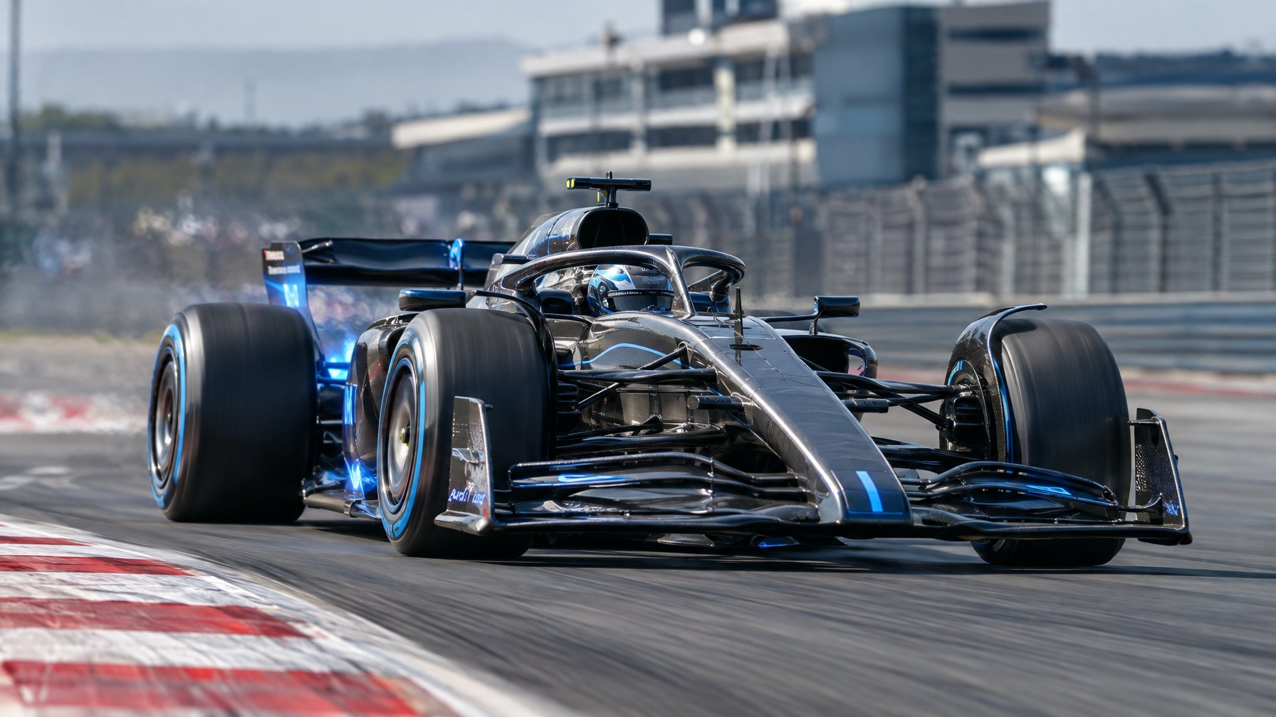 Mobil balap Formula 1 melaju di lintasan sirkuit.