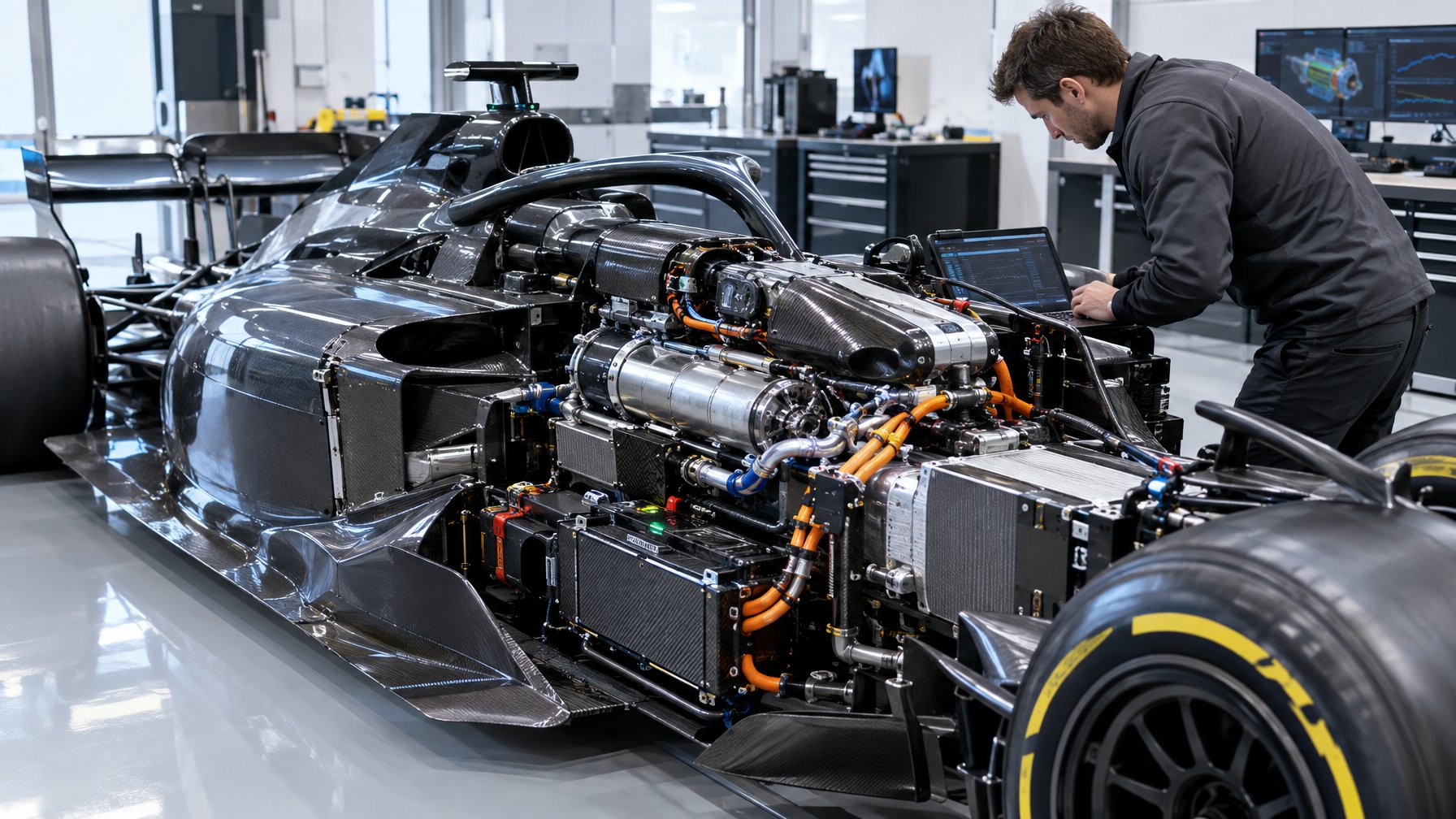 Seorang insinyur memeriksa unit daya listrik dan mesin pada mobil Formula 1.