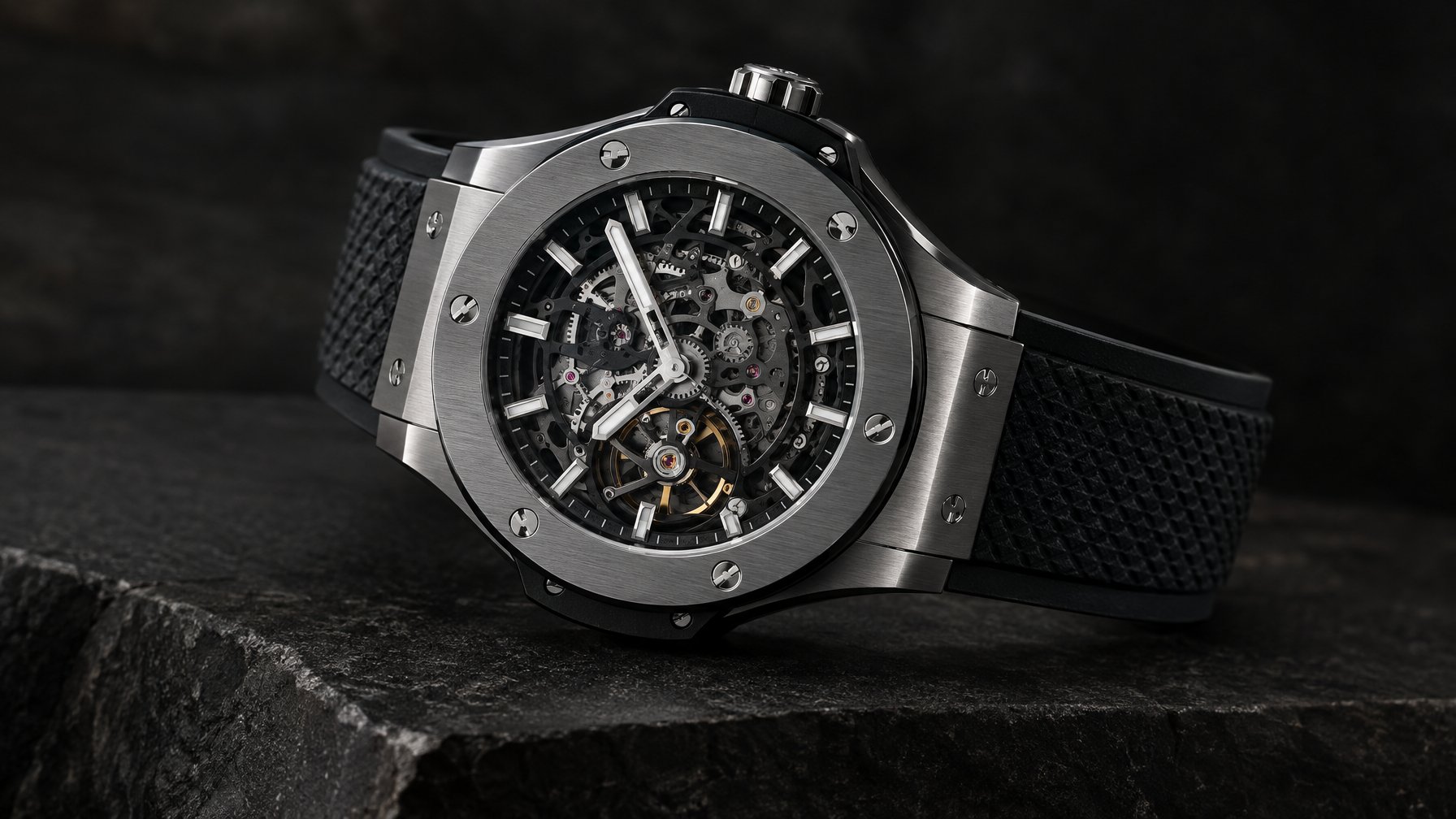 Jam tangan mewah dengan tali hitam dan dial mekanis di atas permukaan batu gelap.