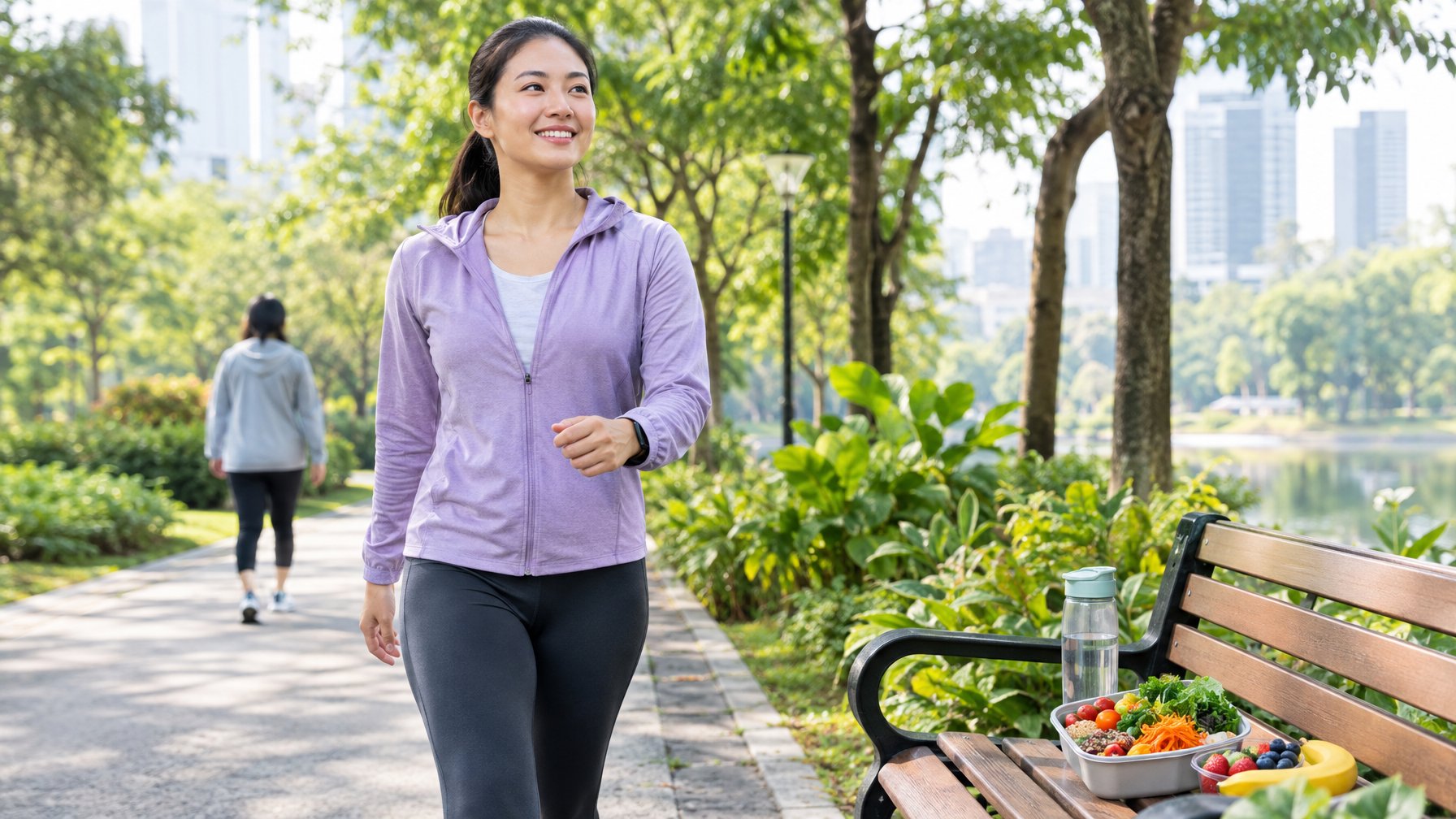 Seorang dewasa berjalan cepat di taman dengan botol air dan makanan sehat di dekatnya.