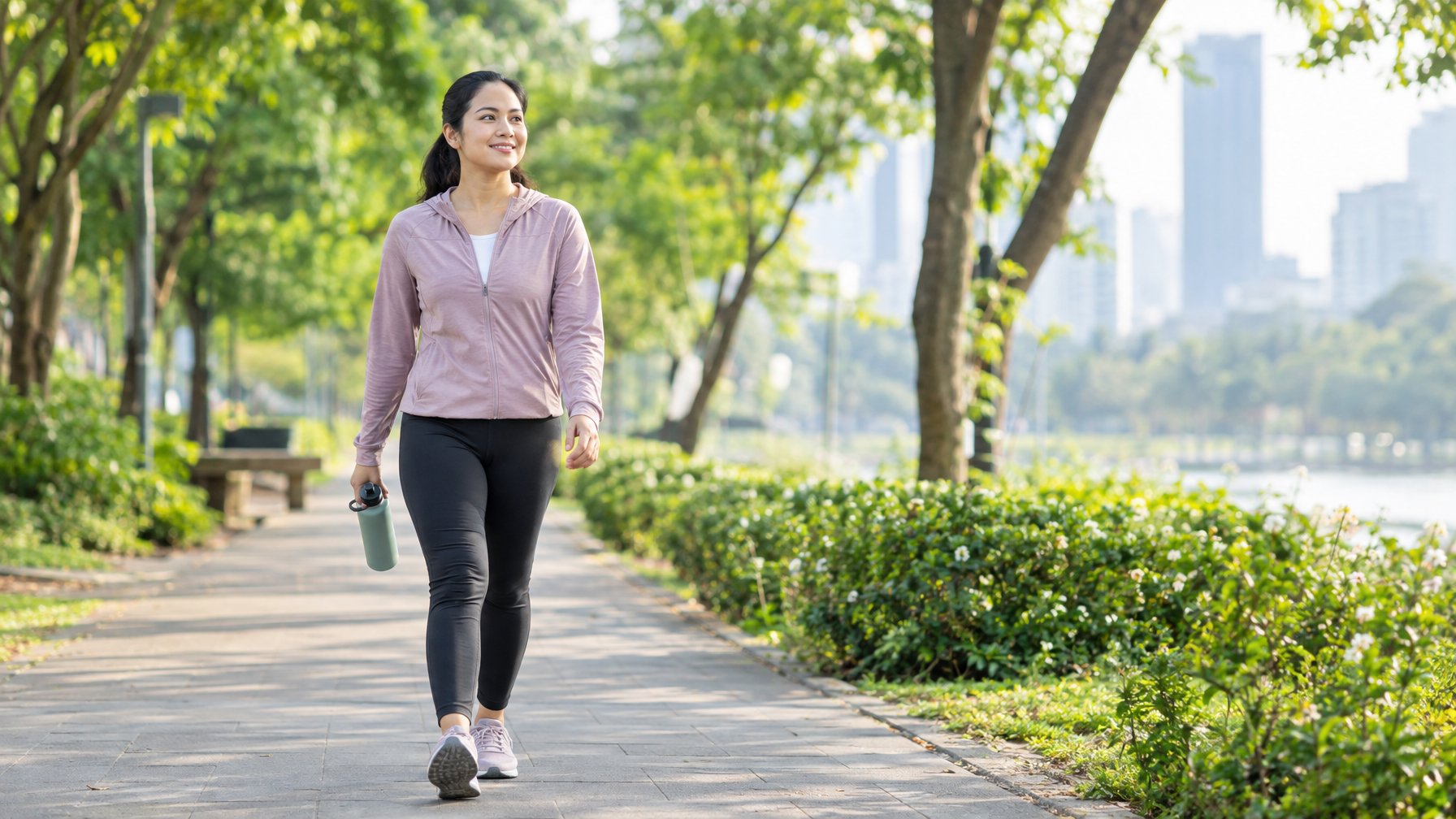 Seorang dewasa berjalan cepat di jalur taman yang rindang pada pagi hari.