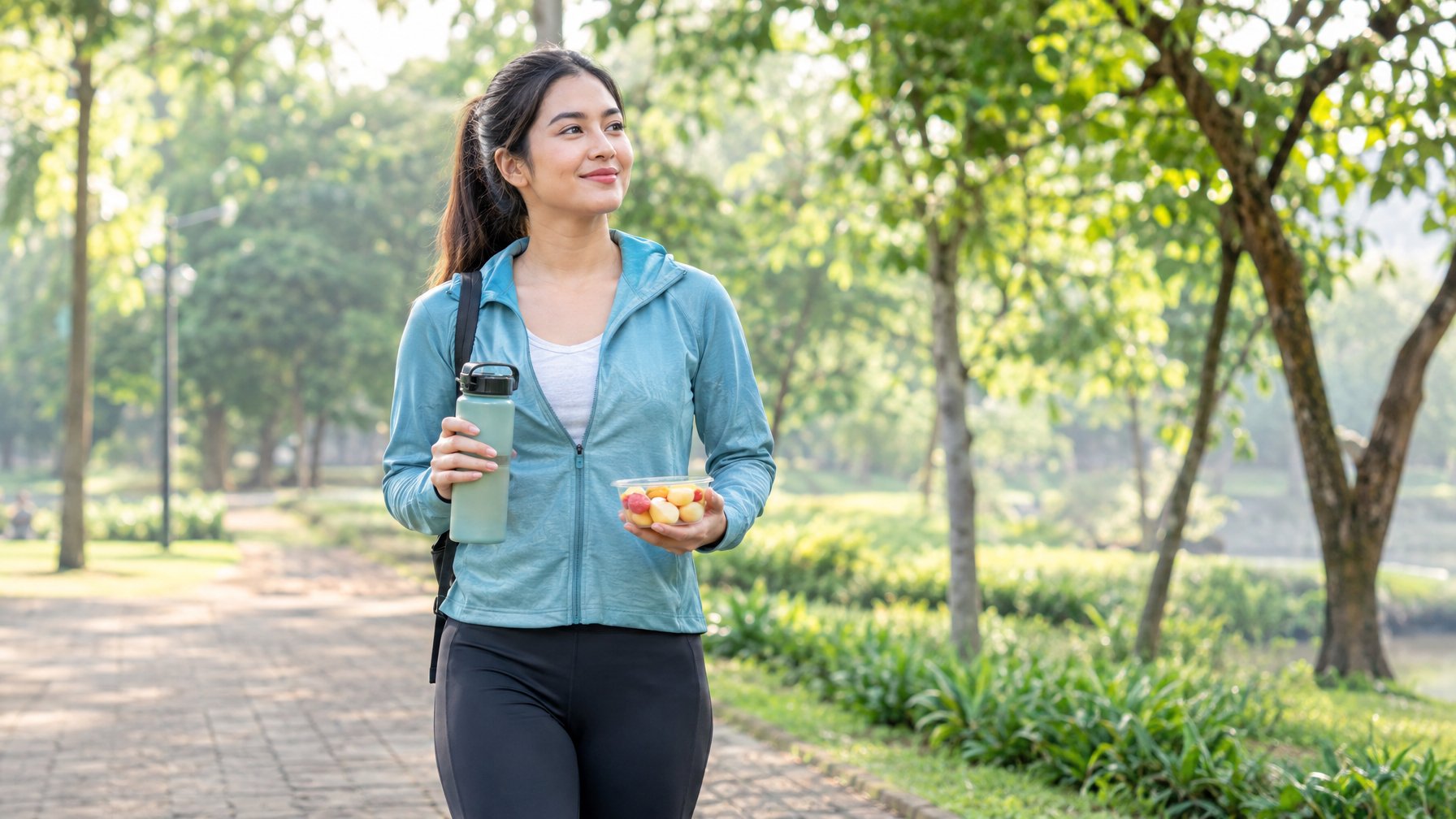 Seorang dewasa muda berjalan di jalur taman sambil membawa botol air dan bekal buah.