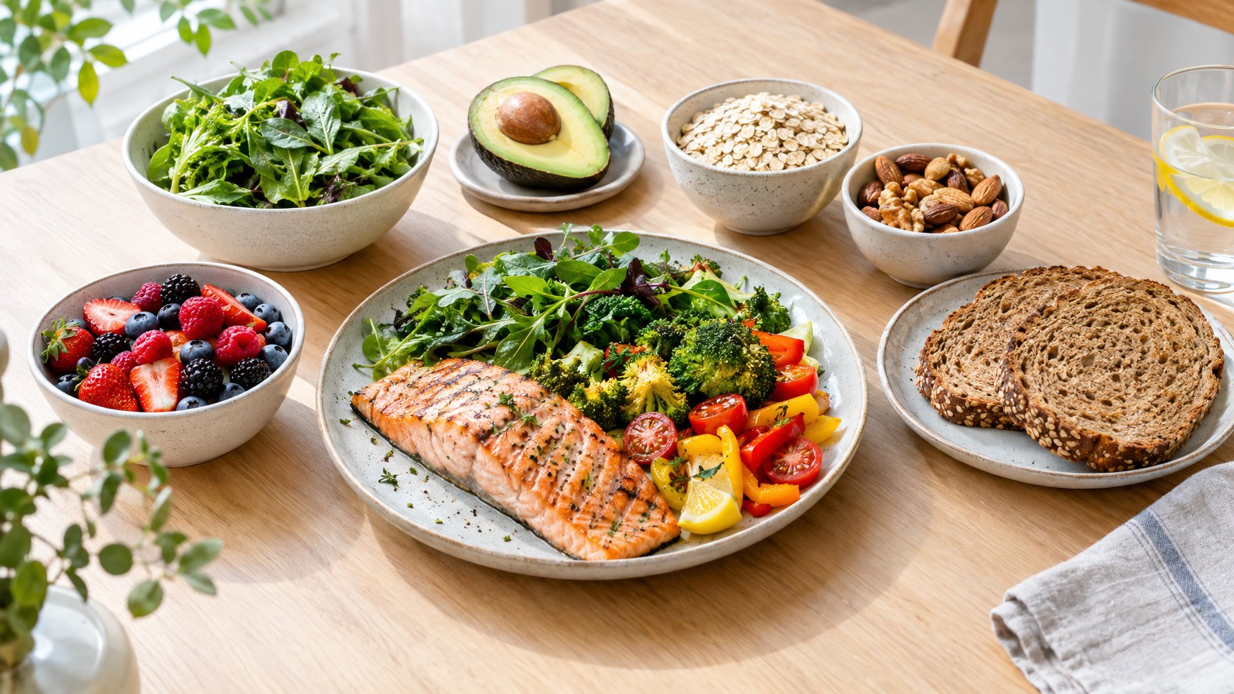 Hidangan berisi salmon, sayuran hijau, alpukat, buah beri, roti gandum, oatmeal, dan kacang.