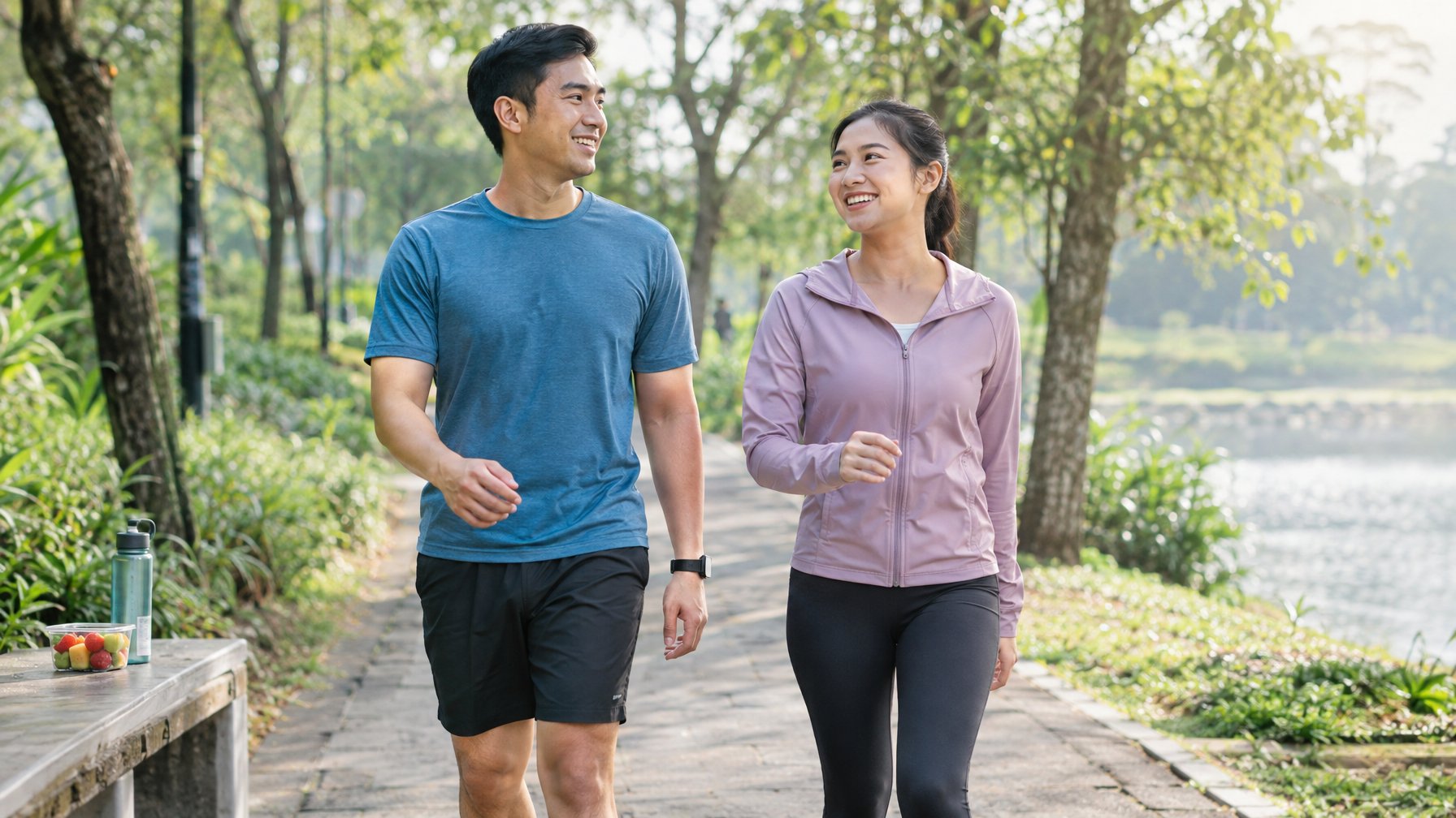 Dua orang dewasa muda berjalan bersama di taman dengan botol air dan buah.