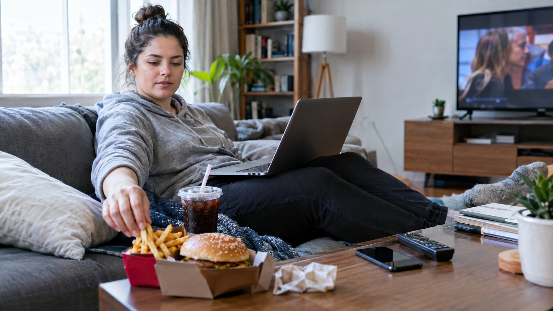 Seorang dewasa duduk lama di sofa sambil menggunakan laptop, dengan makanan cepat saji dan minuman manis di meja.