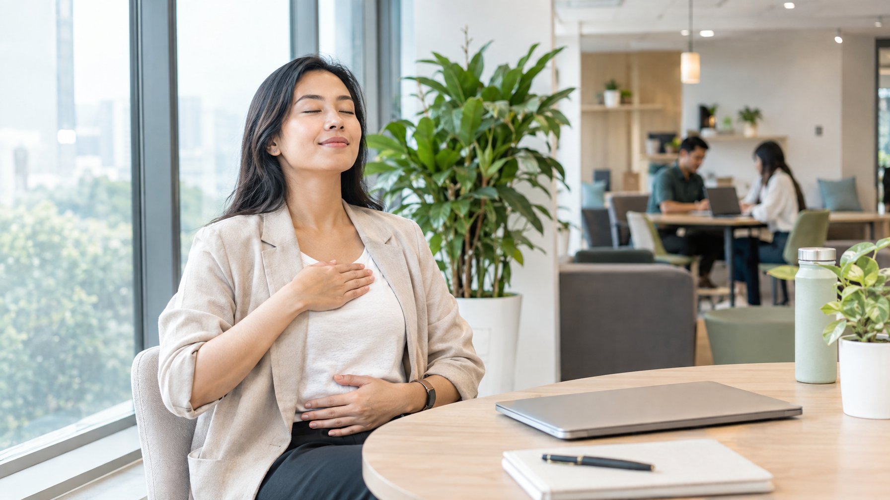 Seorang profesional beristirahat dengan tenang di dekat laptop di kantor.