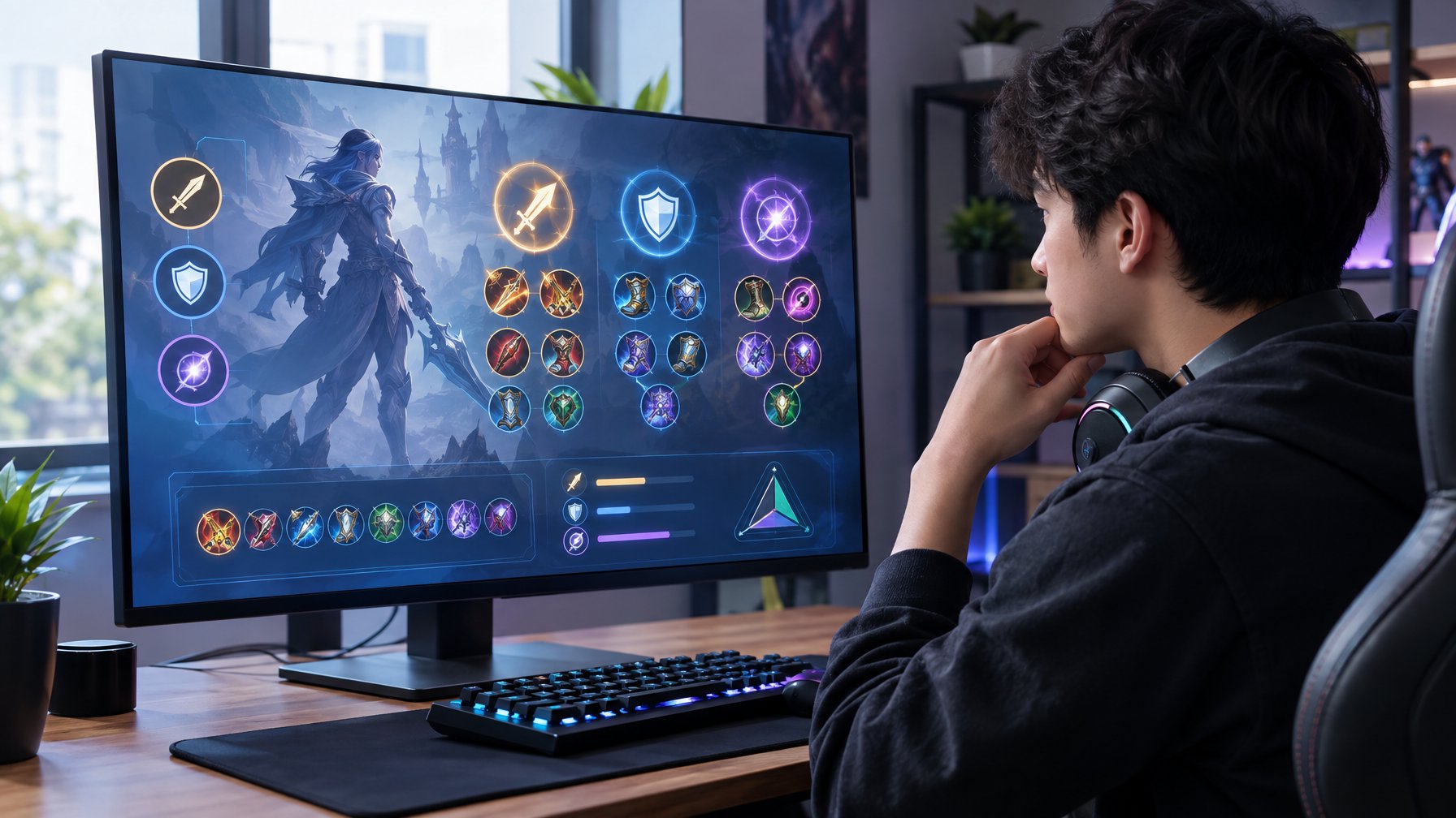 Seorang pemain gim memilih perlengkapan hero di depan monitor.