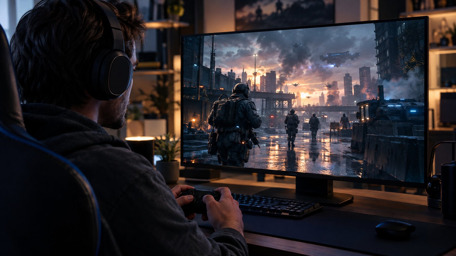 Seorang pemain menggunakan headset dan kontroler sambil melihat adegan medan perang futuristis di layar.