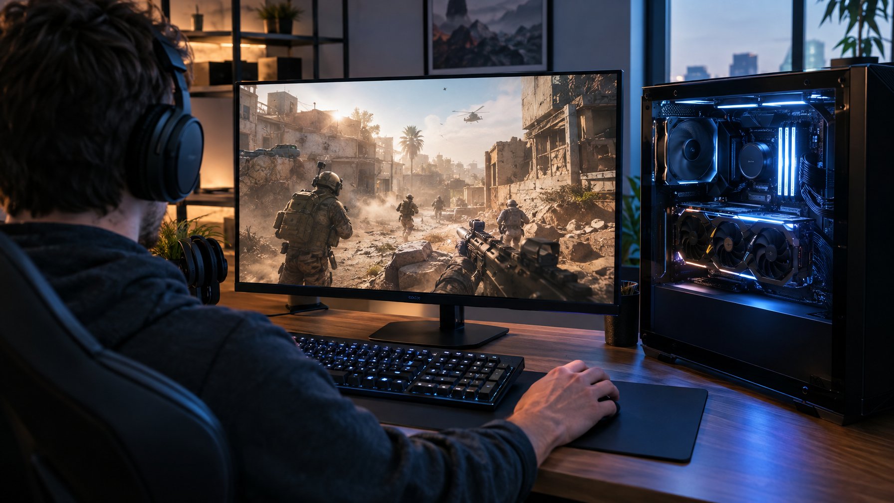 Seorang pemain menggunakan PC gaming untuk memainkan adegan pertempuran di monitor.