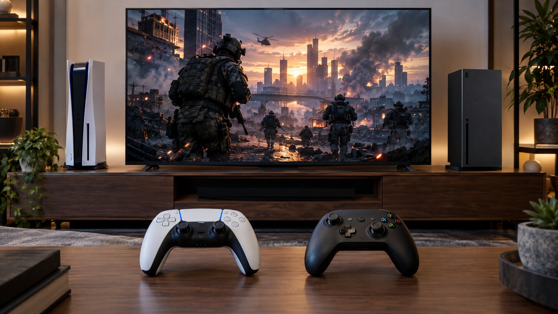 Konsol PlayStation 5 dan Xbox dengan pengontrol masing-masing di depan televisi yang menampilkan adegan permainan militer.