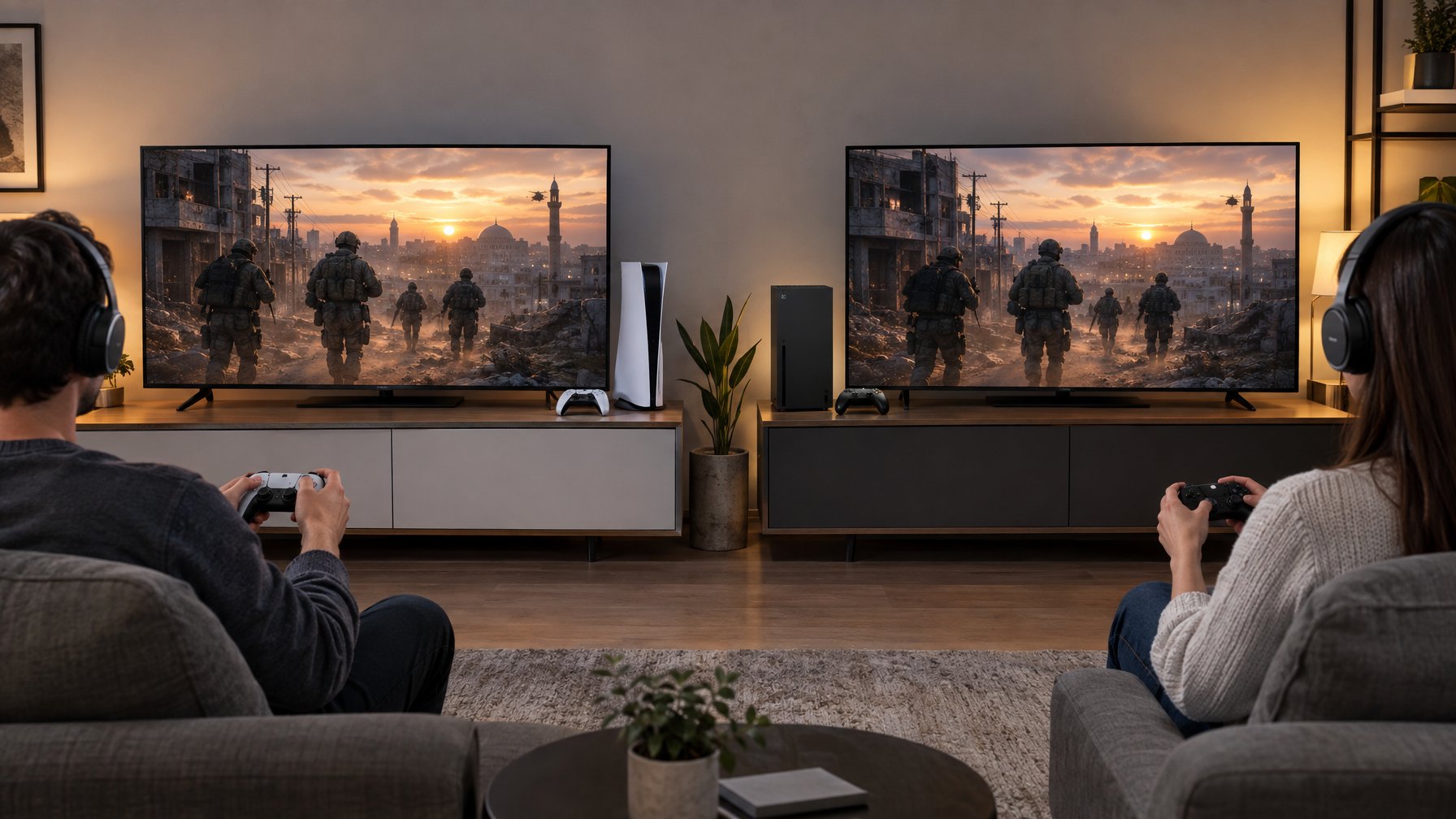 Dua pemain membandingkan konsol PlayStation dan Xbox sambil memainkan gim aksi militer.