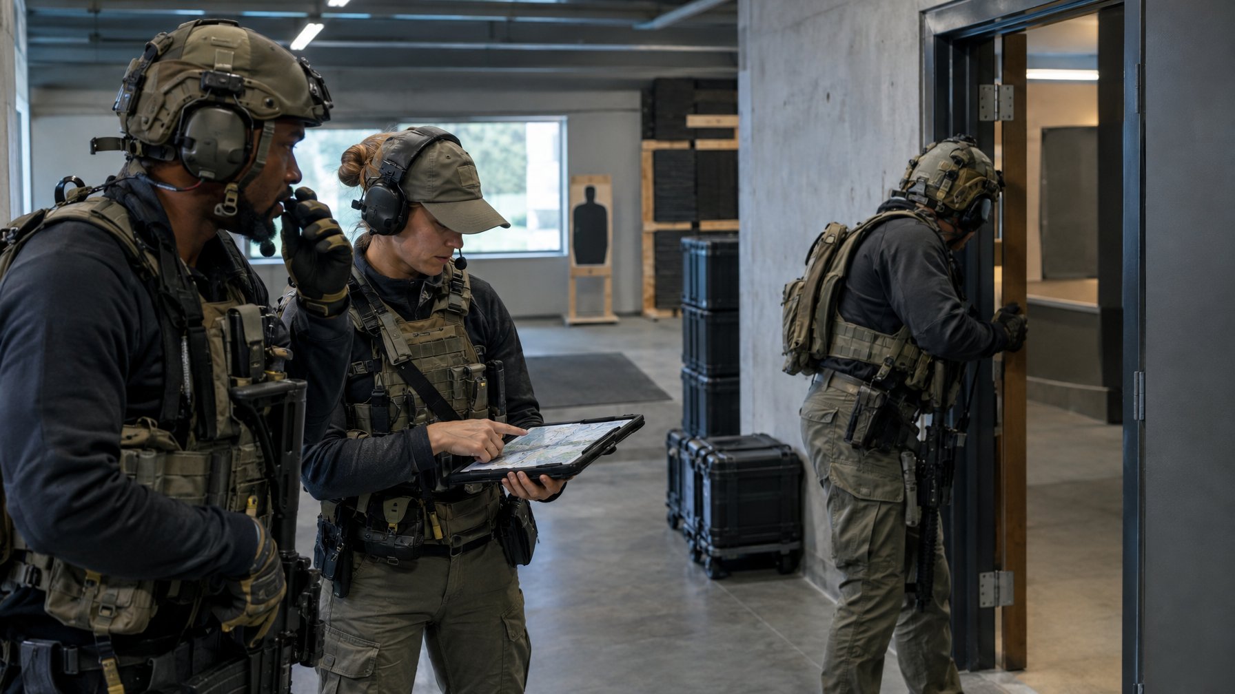 Sekelompok operator bekerja sama di dalam fasilitas latihan.