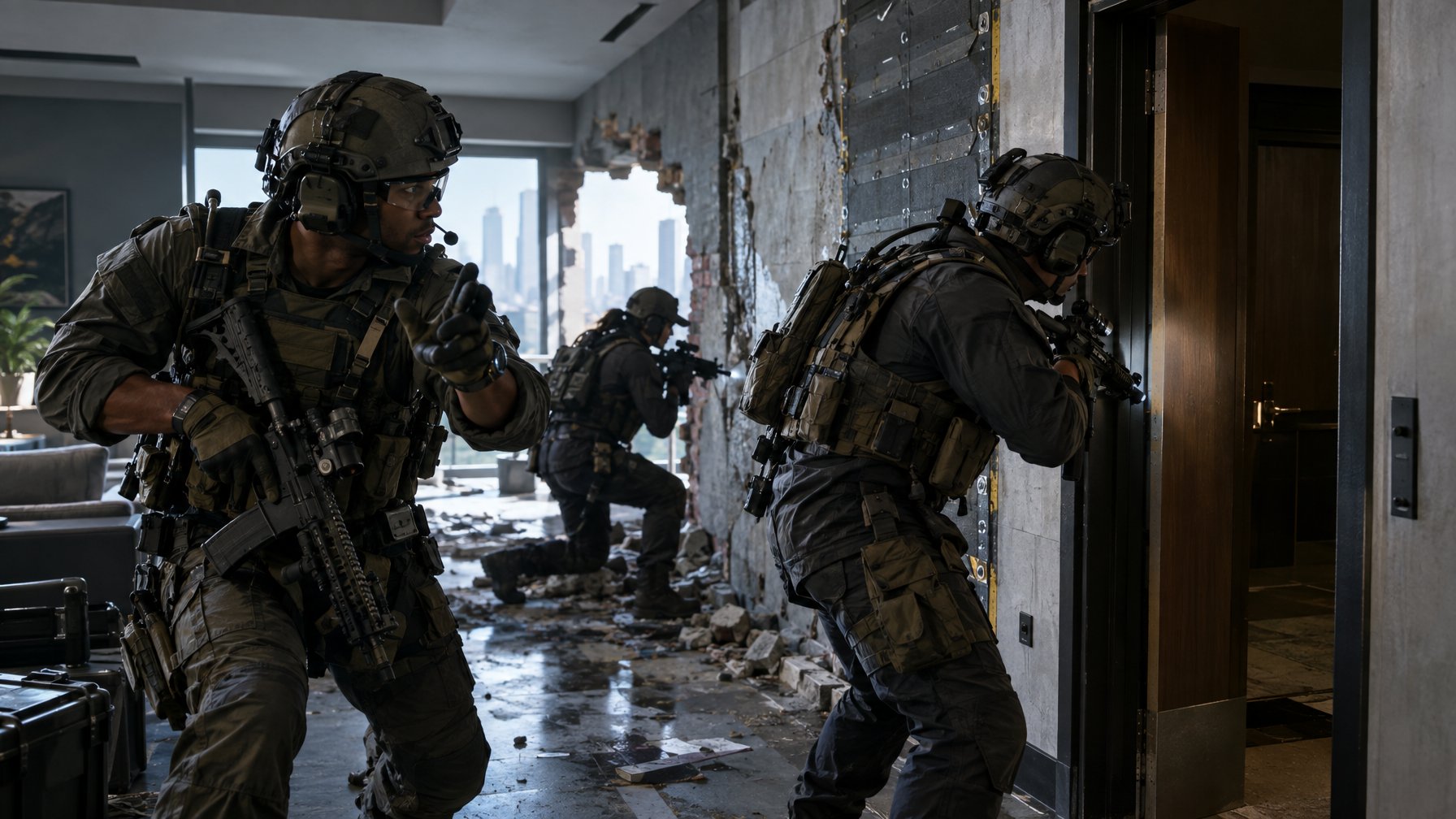 Sekelompok operator taktis bekerja sama menyusuri lorong gedung.