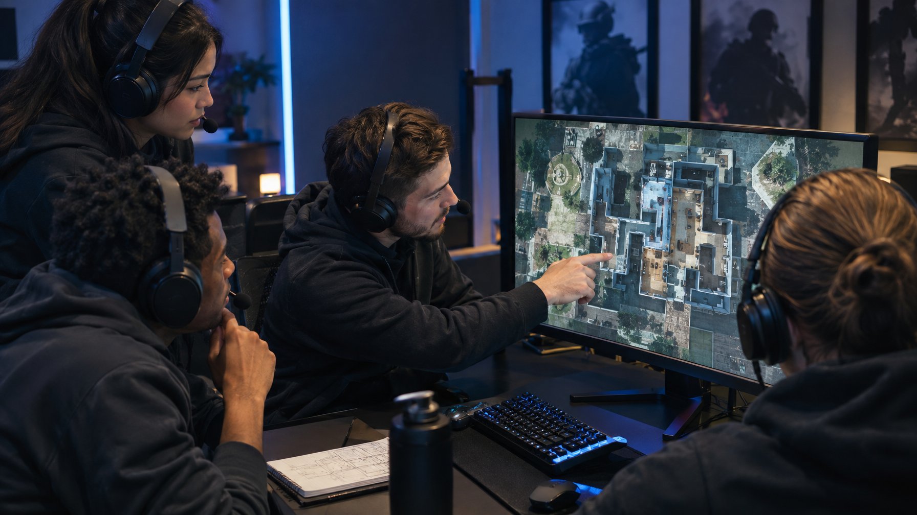 Sekelompok pemain esports berdiskusi sambil mempelajari peta taktis di depan monitor.
